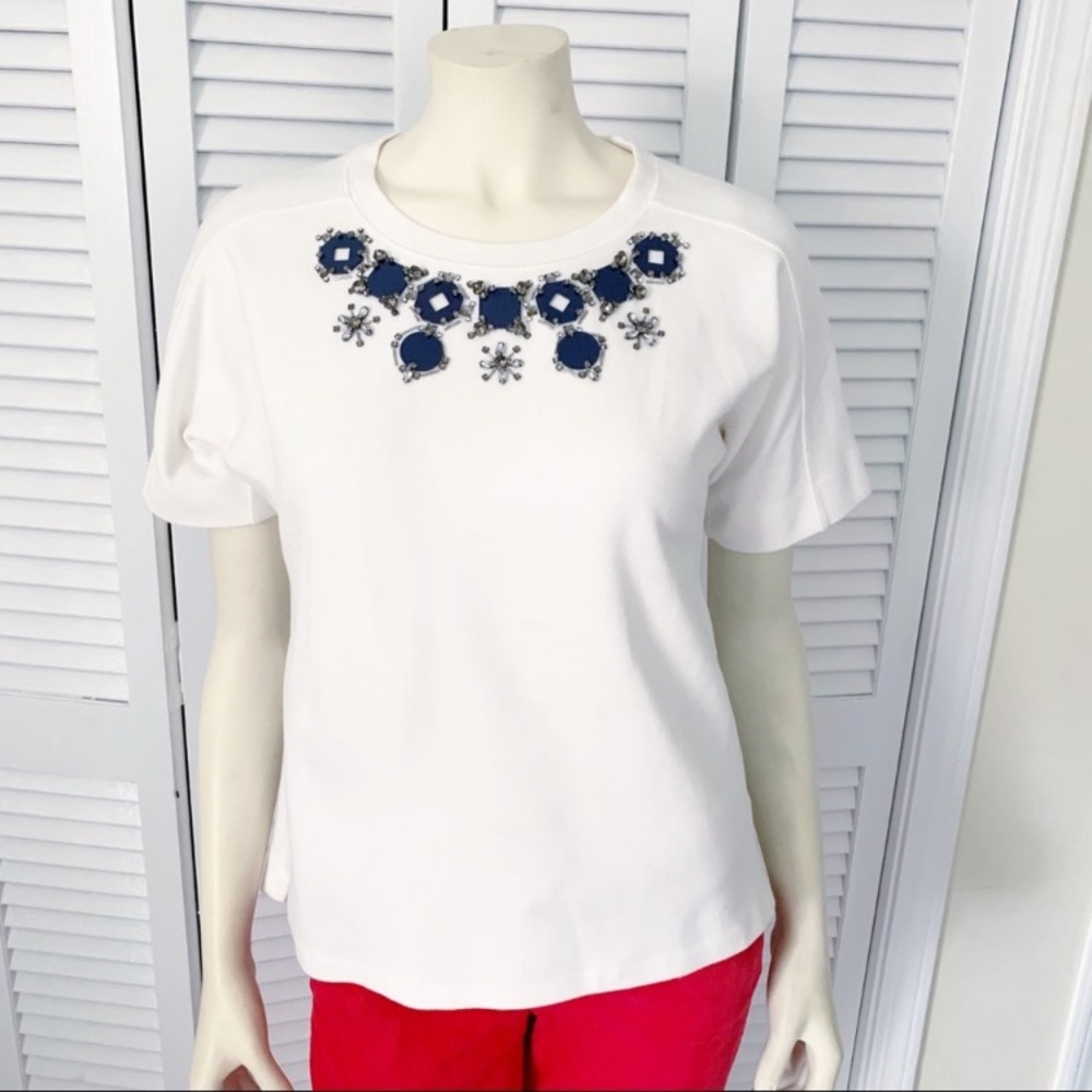 J.Crew Structured Necklace T-Shirt White Blue Jeweled Embellished Small